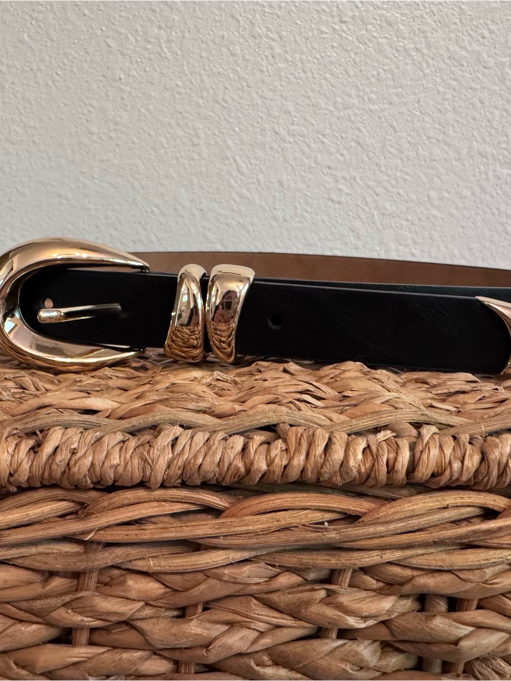 Black Leather Women's Belt with Gold Buckle